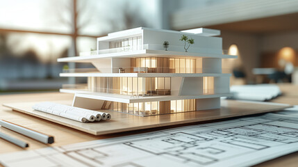 3D model of a sleek white modern luxurious building on a wooden desk, with architectural drawings and site blueprints laid out for construction work. Home or house apartment proper