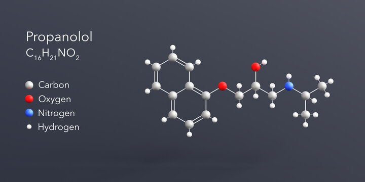 propanolol molecule 3d rendering, flat molecular structure with chemical formula and atoms color coding