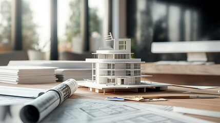 White modern luxurious building design 3D model set on a wooden desk, accompanied by papers with architectural drawings and site blueprints for construction work. Home or house apa