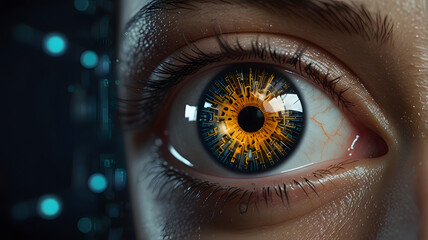 Close-up eye of intricate cybernetic eye, Technical, artificial intelligence and cybernetics	