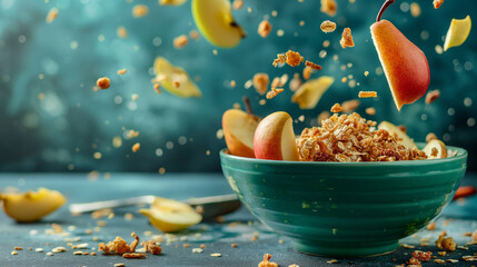 Visually striking splash of pear and apple fruits into a green bowl with oatmeal yogurt milk. Healthy vegan mixed meal, nutritious cornflakes morning breakfast, fiber and energy di