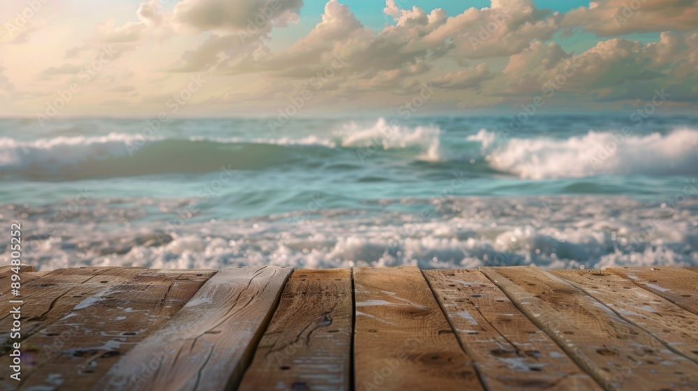 Poster a close-up of a weathered wooden deck with a blurry view of blue ocean waves crashing in the backgro