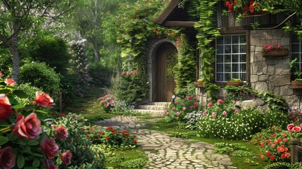 Cottage with English Garden: Create a prompt for a photo realistic image of a cottage with an English garden, climbing roses, and a stone pathway. 