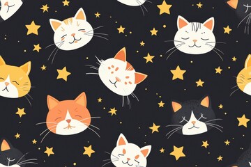 Colorful cartoon cats and stars seamless pattern on black background