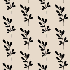 Minimalistic botanical seamless pattern. Vector hand-drawn illustration in doodle style. Perfect for decorations, wallpaper, wrapping paper, fabric. Floral background.