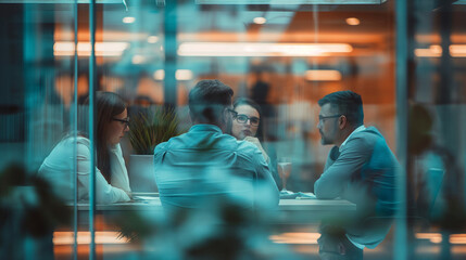 Corporate team discussion in an office, businessmen and businesswomen at a table, faces blurred, planning and strategizing, modern workspace