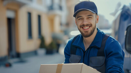 Delivery man in uniform, grinning and holding a box, van packed with orders behind him, highlighting courier career and reliable service, enthusiastic male worker