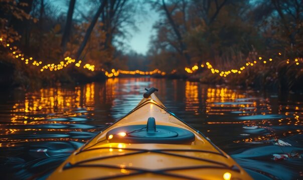 A holidaythemed kayaking journey down a gently flowing river adorned with lights along the banks