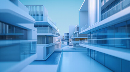 Obraz premium Blue 3D render model of city houses in a real estate agency office, representing futuristic architecture and residential property design, apartment housing concept