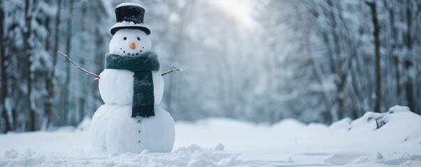 Obraz premium Overcast sky casting a soft light on a snowman in a dense winter forest, Snowman, Winter Forest, Overcast atmosphere