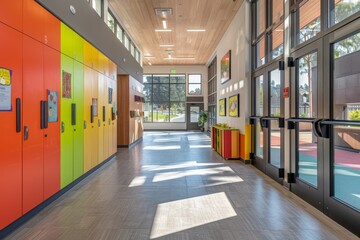 Colorful Lockers and Sunny Hallway in School.