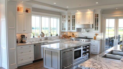 Fototapeta premium Bright and modern kitchen with white cabinetry, stainless steel appliances, and a large island with a sink, perfect for cooking and entertaining