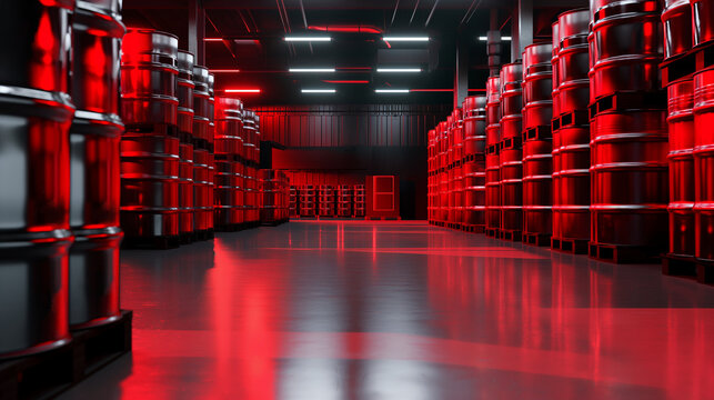 Artificially lit warehouse with pallets of red and black barrels containing fossil fuels. Petrol gas, oil storage in gallons, refinery pallets, team