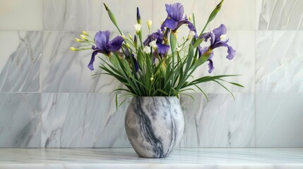 Chic marble vase with a sleek finish, displaying a refined arrangement of purple irises and mixed greenery