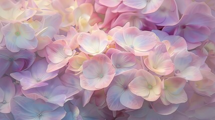 Fototapeta premium Close-up of delicate pastel hydrangea blossoms in soft morning light, showcasing their vibrant colors and intricate petals