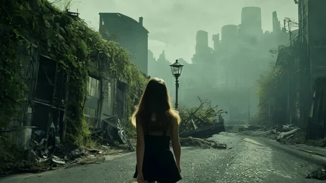A woman in an abandoned city, set in a postapocalyptic scenery