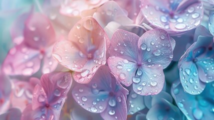Obraz premium Close-up of pastel hydrangea flower clusters with a touch of morning dew, highlighting their delicate nature
