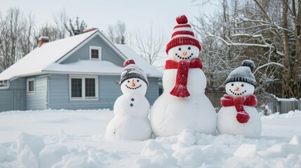 Obraz premium Snowman family in a snowy yard, winter fun, playful frosty landscape