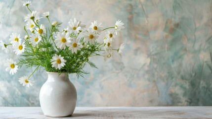 Modern ceramic vase with a smooth, glossy finish, featuring a fresh mix of white daisies and green foliage © Nuttaya Nampai