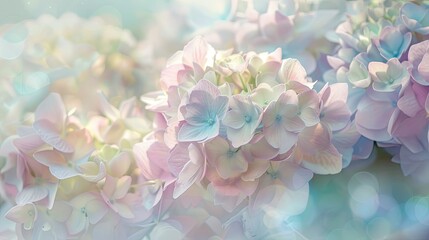 Pastel hydrangea blooms with a light breeze creating a soft, ethereal effect in the garden