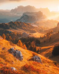 Fototapeta premium Mountain Ridges. Stunning Autumn Sunset at Dolomites Canyon with Vibrant Colors