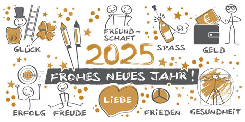 Frohes neues Jahr 2025 - Zeichnung mit Figuren und deutschem Text - gold und schwarz