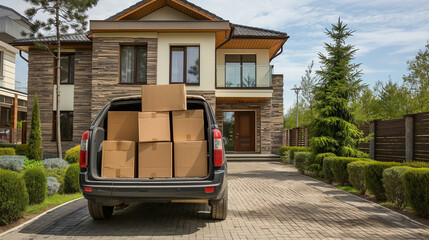 SUV loaded with cardboard boxes and furniture, parked in a yard, ready for relocation or moving out, in front of a luxurious house. Transport or delivery shipping, outdoors packing