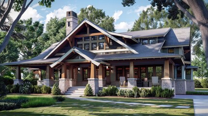 Naklejka premium Create a prompt for a photo realistic image of a Craftsman style house with a gable roof, tapered columns, and detailed woodwork. 