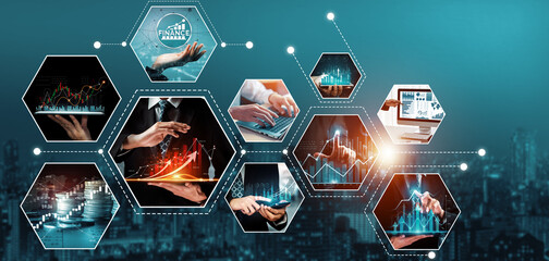 Futuristic business digital financial data technology concept for future big data analytic and business intelligence research for businessman analyst invest decisions making panoramic banner kudos