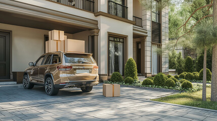 SUV filled with cardboard boxes and furniture for moving out, parked in a yard, facing a luxurious home. Relocation or transport delivery, outdoors packing