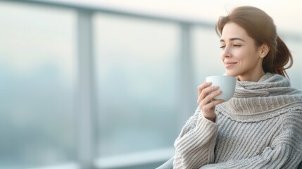 A woman enjoying a warm morning cup of coffee on her balcony with soft natural light