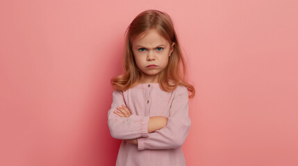 Fototapeta premium Mad little girl standing with arms crossed, looking upset at the camera. Angry female kid, studio shot, unhappy toddler child with frustrated and annoyed emotion