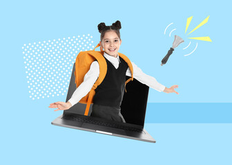 Creative collage with girl appearing from laptop on color background. Back to school