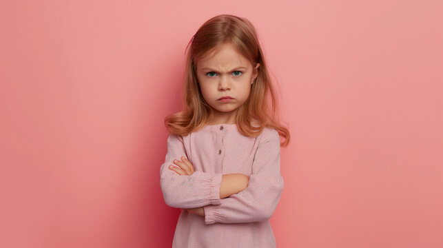 Mad little girl standing with arms crossed, looking upset at the camera. Angry female kid, studio shot, unhappy toddler child with frustrated and annoyed emotion