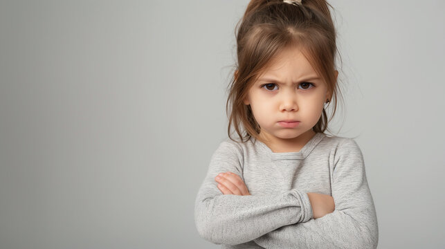 Mad little girl with crossed arms, looking angrily at the camera. Upset female kid, studio shot, unhappy toddler child with frustrated and annoyed emotion