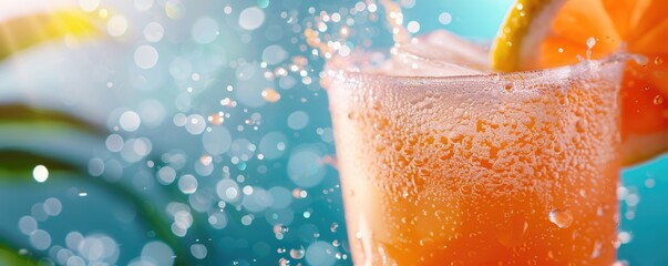 Refreshing A chilled, invigorating drink with condensation droplets close up, focus on refreshment, vibrant, composite, a tropical setting backdrop