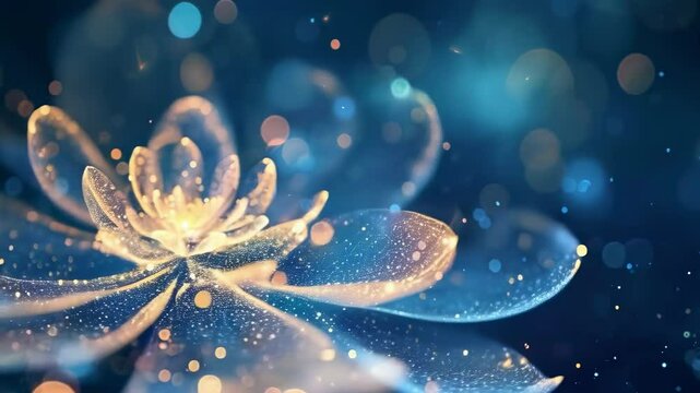 A delicate lotus flower glows with golden light in the dark. Tiny shimmering particles surround it, creating a magical, ethereal atmosphere. The background is a deep, rich blue, adding contrast to