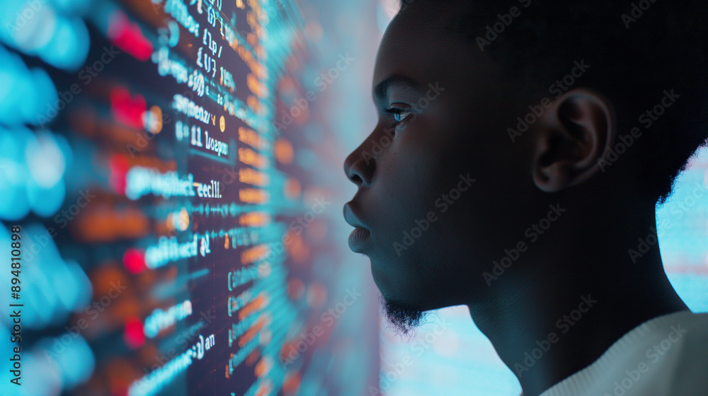 Poster black it school student seen from the side, focused on learning digital code and ai cyber security t