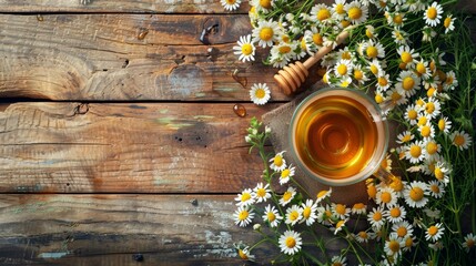 concept cozy and relaxing scene with chamomile tea, wildflowers, and honey in a glass cup on a wooden table, providing a tranquil ambiance with space for text