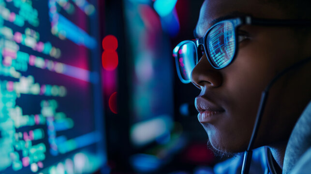 Black IT school student from the side, coding on a computer and studying AI cyber security threats. Education for the next generation in artificial intelligence and cyberspace codi