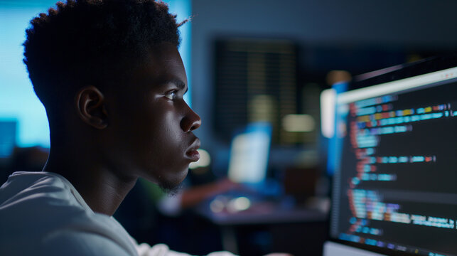 Black IT school student from the side, coding on a computer and studying AI cyber security threats. Education for the next generation in artificial intelligence and cyberspace codi