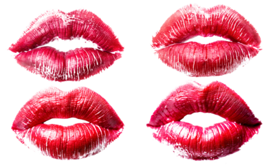 Set of red lipstick kissing prints on transparent background closeup. Concept of sexy and beautiful lips
