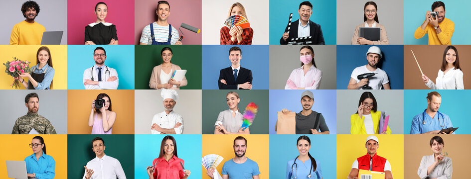 People of different professions. Collage with portraits on various colors backgrounds