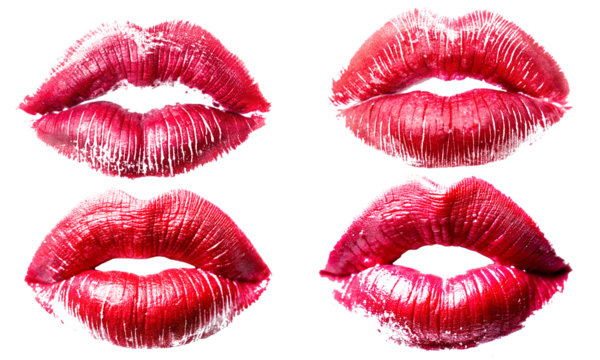 Set of red lipstick kissing prints on transparent background closeup. Concept of sexy and beautiful lips