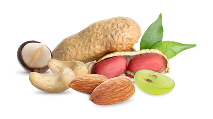 Mix of nuts and green grape isolated on white