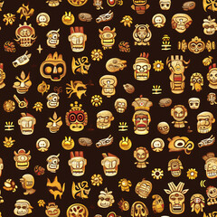 Obraz premium Aztec design cartoon pattern, featuring intricate patterns, gods and ancient symbols, cartoon style, with rich browns, reds and golds (tile)