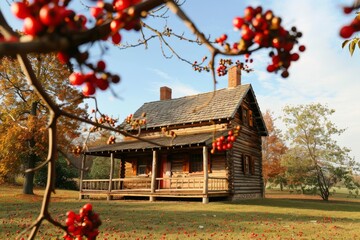 Log Cabin Home Framed by Autumn Foliage.