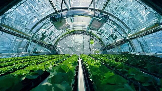 Modern Hydroponic Greenhouse with Advanced Climate Control and Lush Vegetation