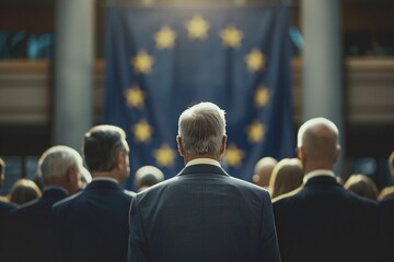 Politicians with back view at EU parliament in front of the European Union flag. Generative Ai