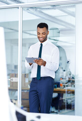 Fototapeta premium Happy, businessman and tablet for networking in office with digital app and research for investing. Realtor, technology and internet for schedule, email and professional career in real estate agency